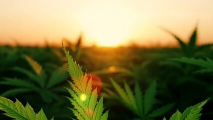 Poster - Close-up of Cannabis Leaves and Buds During Sunset in Hemp Field Generative AI