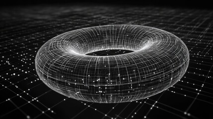Fototapete - Abstract line art illustration of a wireframe torus donut featuring a technological background and connection design elements