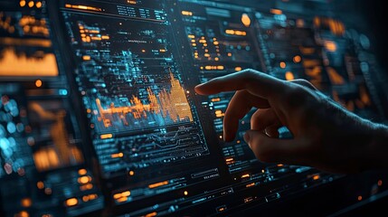 Poster - A hand interacts with a futuristic screen displaying intricate digital data and a dynamic orange graph .