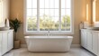 © Photo18@desing - Bright bathroom with large window, freestanding tub, warm lighting, luxury and relaxation focus