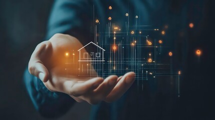 Poster - Hand holding a glowing house icon, representing smart home technology and automation.