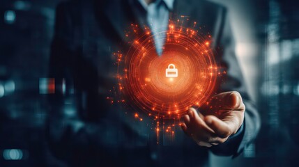 Poster - A businessman holding a glowing padlock symbol in his hand, representing data security and cyber protection.