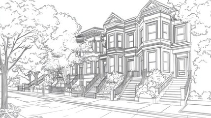 Poster - line art illustration showcasing townhouse architecture in a 3d rendering style