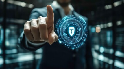 Poster - Businessman pointing at a futuristic digital shield icon symbolizing cyber security protection.
