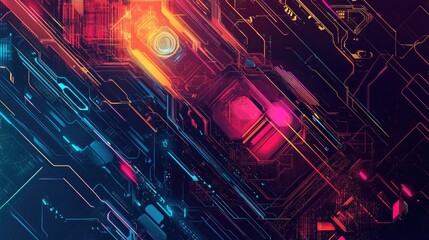 Poster - Line art illustration featuring an abstract vibrant background with a futuristic technology collage design