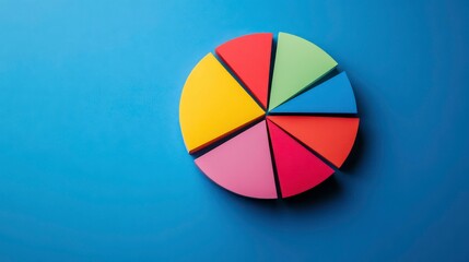 Poster - Colorful pie chart is cut into pieces and placed on a blue background. The pie chart is made of paper and has different colors, including red, yellow, and blue, Concept of Management in Business.