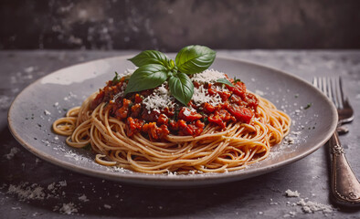 Poster - Plate of spaghetti with cheese and basil on top