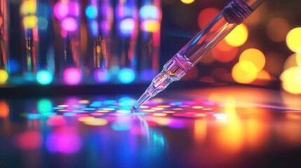 Poster - Colorful laboratory experiment with pipettes and a pen creating patterns on a glowing surface at night