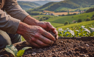 Poster - Man is planting seeds in the dirt