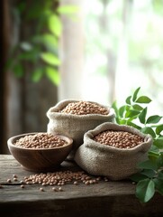 Aufkleber - Bowls and sacks brimming with lentils, beans, and chickpeas rest on a rustic wooden table, highlighting the richness of natural ingredients. Generative AI