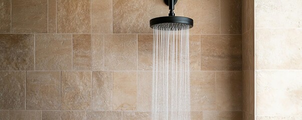 Walk-in shower with waterfall head, stone tiles, natural elements, high-end spa feel, relaxing and serene