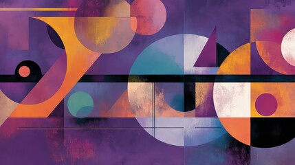 Poster - Abstract geometric design with overlapping shapes, lines, and circles on a purple background.