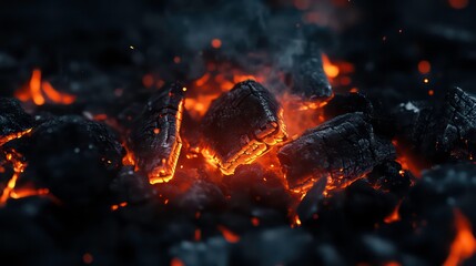 Wall Mural - Close-up of glowing hot charcoal embers, radiating intense orange heat with dark, charred textures. Concept: Fire, warmth, and energy.