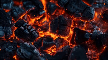 Wall Mural - close-up of glowing hot charcoal embers, radiating intense orange heat with dark, charred textures. 