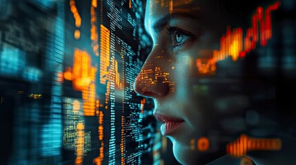 Poster - A young woman with intense blue eyes stares intently at a screen filled with glowing lines of code and abstract shapes.