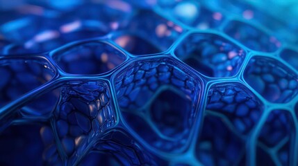 Poster - Close-up cross-section of a futuristic honeycomb structure, glowing with neon blue patterns, sharp geometric lines, digital art, sci-fi aesthetic.