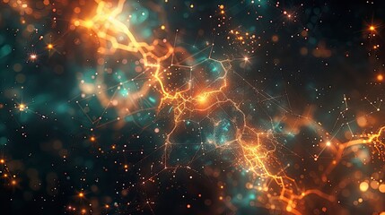 Poster - Abstract glowing network of golden lines and bright lights against a dark background with scattered bokeh .
