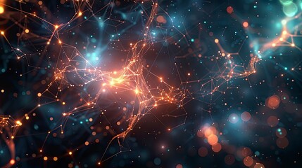 Poster - Abstract glowing network of interconnected points and lines on a dark background with bright bokeh lights .