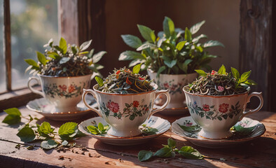 Aufkleber - Four white tea cups with flowers on them