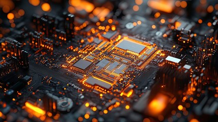 Poster - Close up of a glowing and complex electronic circuit board with orange lights  on a dark background.