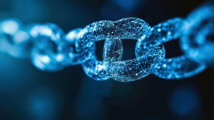 Poster - Abstract digital chain link formed by glowing blue lines and points on a dark background.