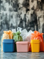 Aufkleber - A display of reusable containers contrasts with colorful single-use plastics, showcasing a commitment to sustainability. Generative AI