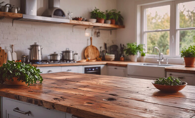 Poster - Kitchen with a wooden counter top and a window