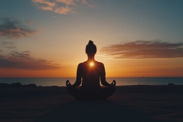 Poster - A silhouette sits cross-legged against a vibrant sunset, embracing inner peace and harmony by the calm ocean waves. Generative AI