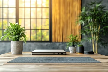 Aufkleber - A modern workspace with plants and natural light in a serene indoor setting