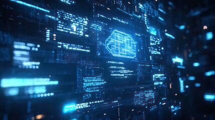 Poster - Blue and white AI icon in a digital futuristic interface with glowing tech elements and abstract data visualization