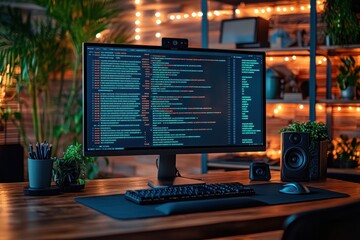 Fototapete - A neat home office with a computer showing code and cozy ambient lighting