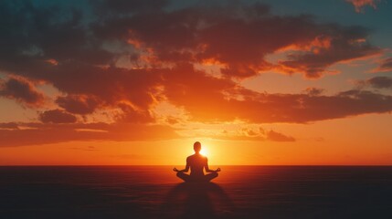 Poster - A person is meditating in silhouette, surrounded by a stunning sunset glowing over the calm horizon, creating a serene atmosphere. Generative AI