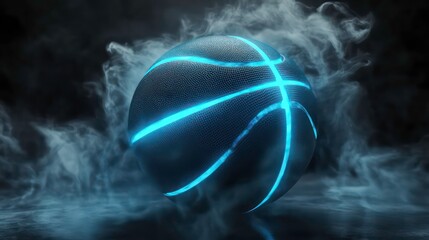 Poster - A glowing blue basketball in a smokey, dark background.