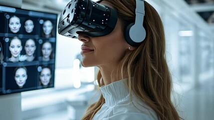 Poster - A woman explores virtual reality in a high-tech lab during a daytime demo