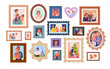 © Natalia - Family photo frames. Photograph cute pictures of generation history on home wall, portraits of kids and parents, grandparents and dog, fun scenes of holidays and travel cartoon vector illustration