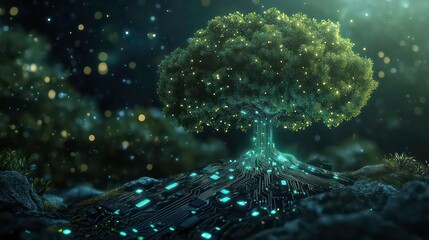Poster - Artificial intelligence tree with circuit board connections, symbolizing technology and innovation in a digital forest landscape -