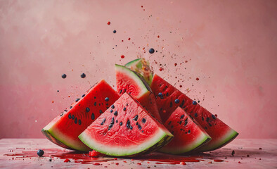 Aufkleber - Watermelon is cut into slices and is on a table