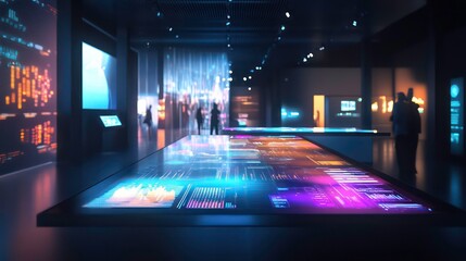 Poster - An interactive digital table displaying futuristic data visualizations in a modern tech exhibition at night