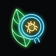 Poster - Neon glowing icon of bio security, represented by a leaf and a bug inside a circle