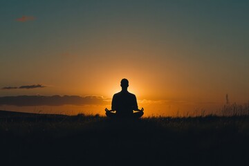 Poster - An individual sits in a meditative pose, silhouetted against a stunning sunset, embodying calmness and serenity in nature. Generative AI