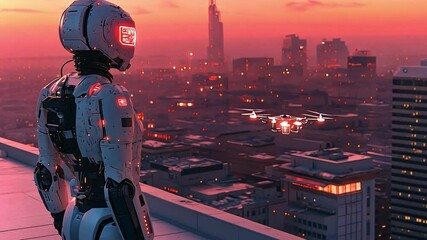 Poster - A futuristic robot observes a drone flying over a city skyline at sunset