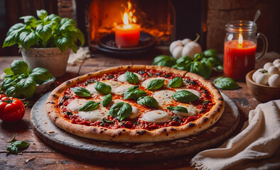 Poster - Pizza with lots of basil on it sits on a wooden board