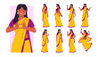 © Natalia - Indian young woman in yellow saree showing different poses set, love and smile. Avatar portrait of cute happy girl in traditional clothes with fingers in shape of heart cartoon vector illustration
