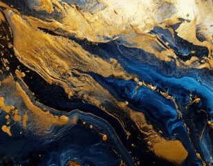  Abstract painting of blue and gold paint with a black background