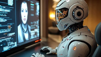 Poster - a futuristic robot analyzes data on a computer screen in a modern technology setting
