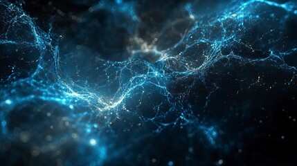 Poster - Abstract blue and white glowing particles form intricate patterns against a dark background .