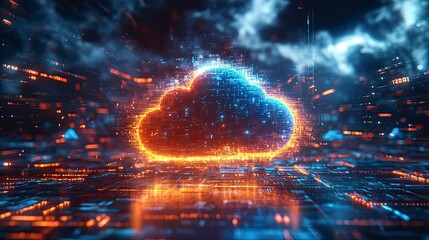 Poster - Abstract digital cloud icon glowing with orange and blue lights over a futuristic city skyline. .