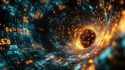 Fototapete - Abstract digital tunnel with glowing orange and blue code swirling into a bright light .