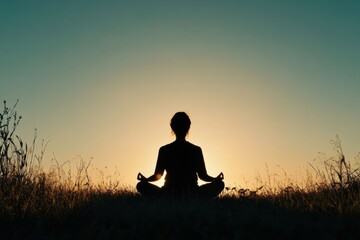 Poster - The silhouette of an individual sits peacefully in a meditative pose, embraced by the warm colors of a setting sun. Generative AI