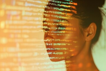 Leinwandbilder - A human silhouette is layered with rows of genetic code symbols, illustrating the blend of human biology and advanced technology. Generative AI
